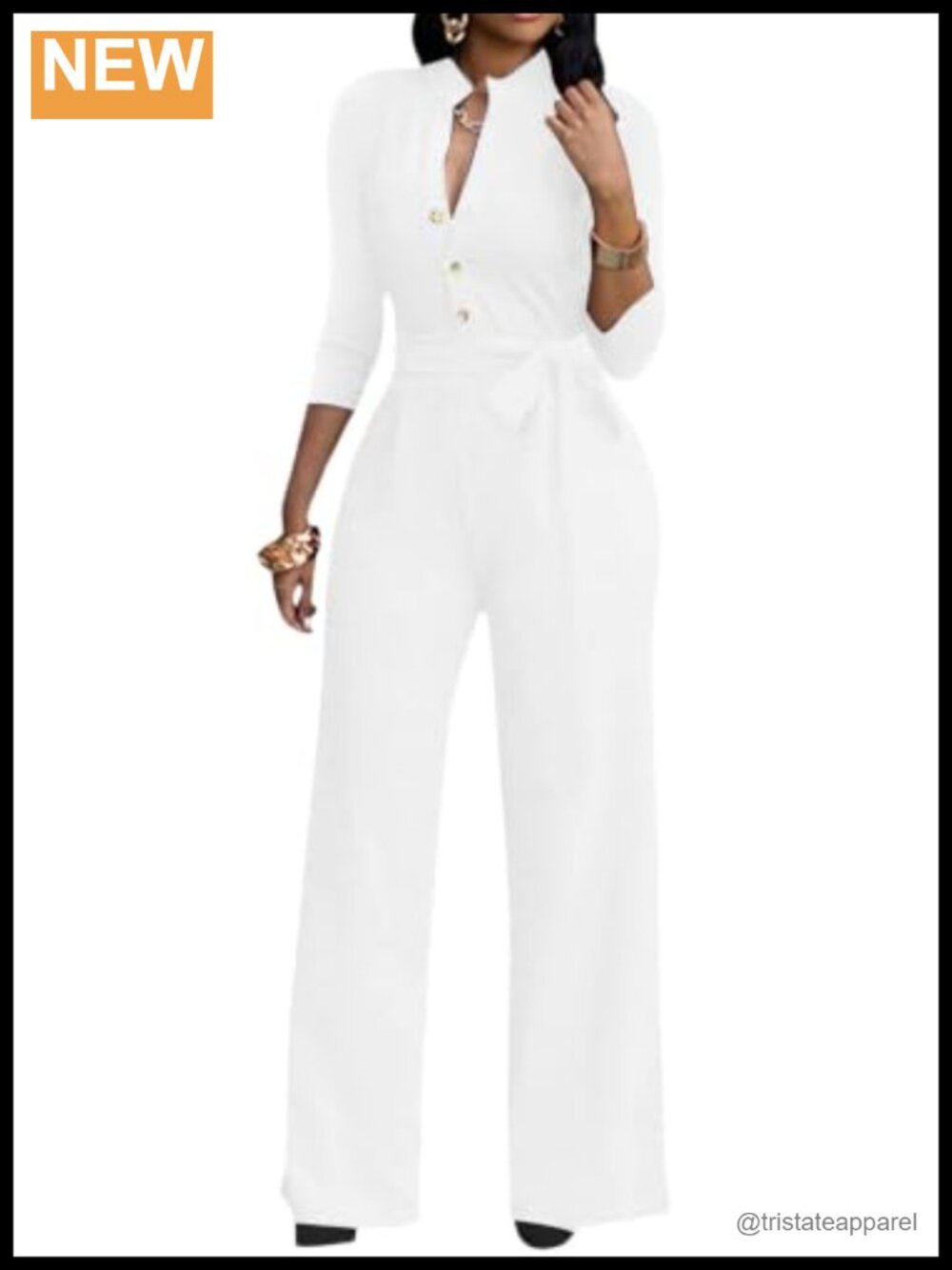 Women's 3/4 Sleeve Jumpsuit V-Neck High Waist Wide Leg with Belt